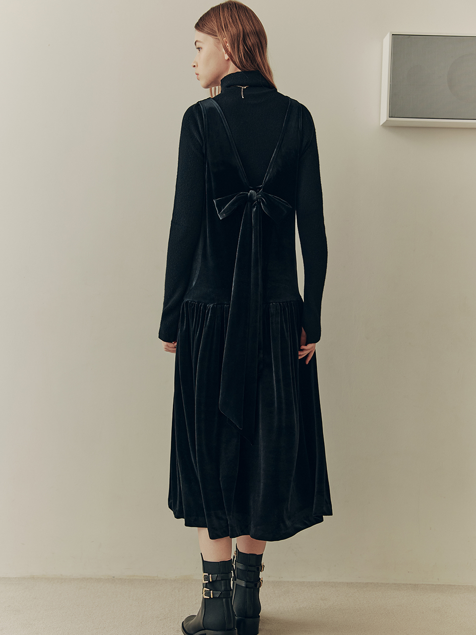 ベルベット リボン ポイント ドレス / ブラック